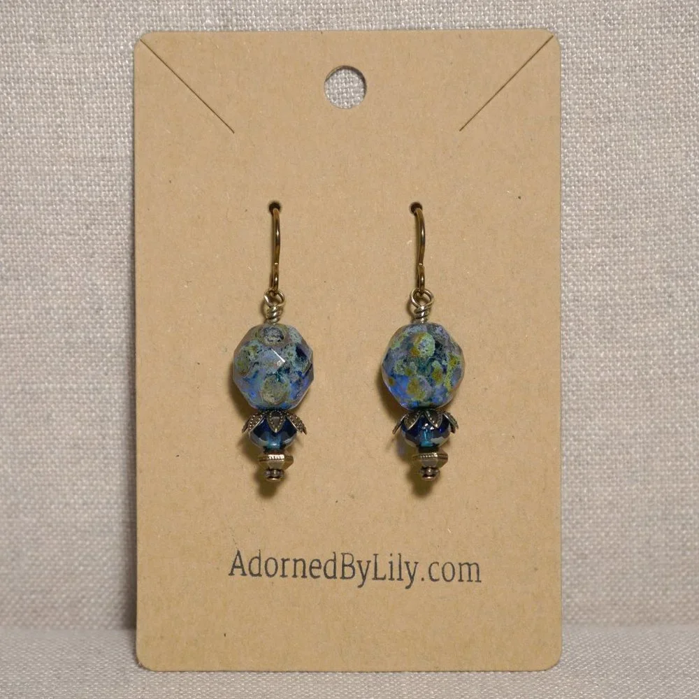 Hand Crafted Handmade Earrings Blue Faceted Picasso Finish Czech Glass E… - Picture 2 of 4